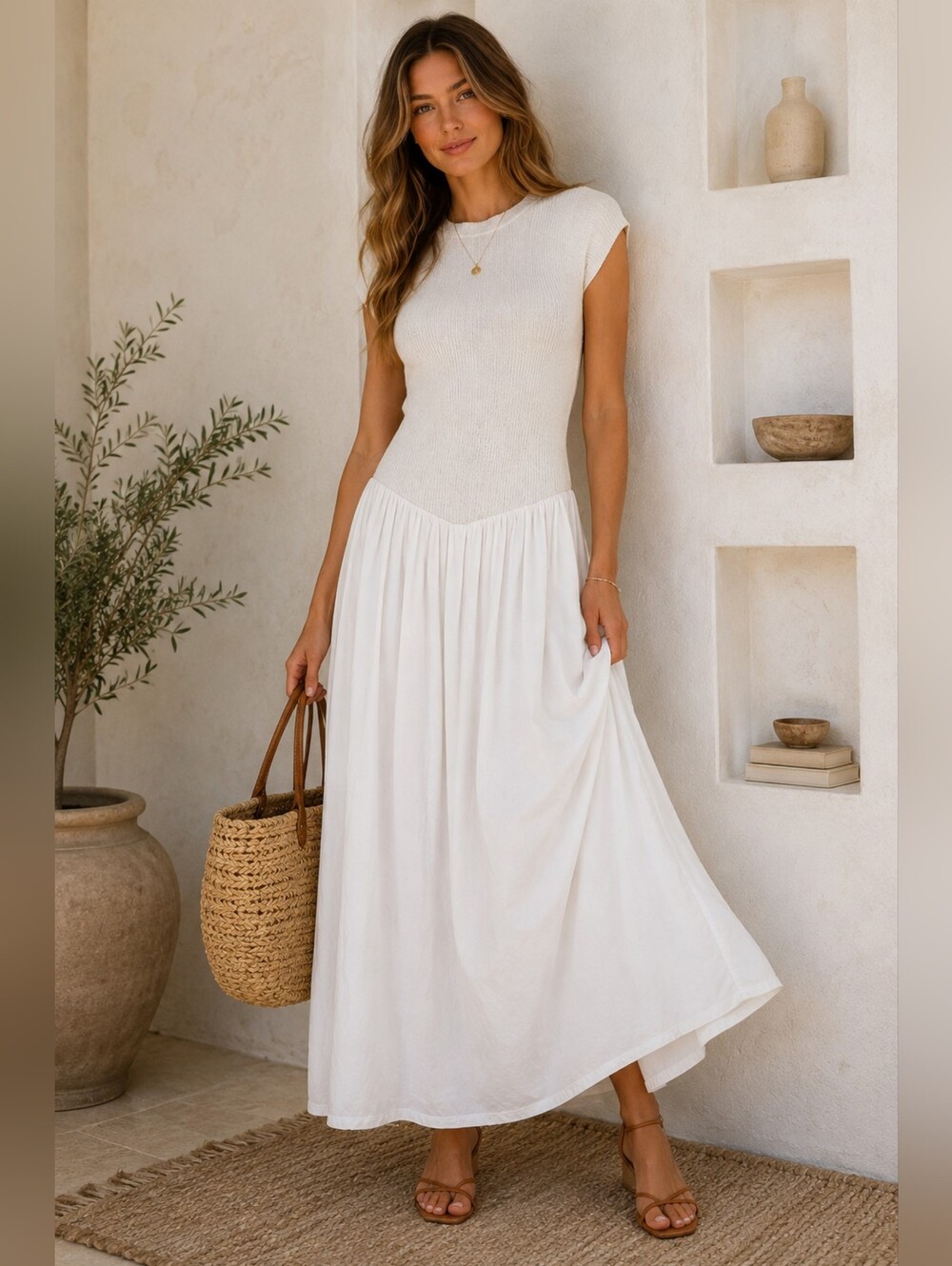 Cloud Ten White Sweater Maxi Dress M Knit Bodice Drop Waist Minimalist...